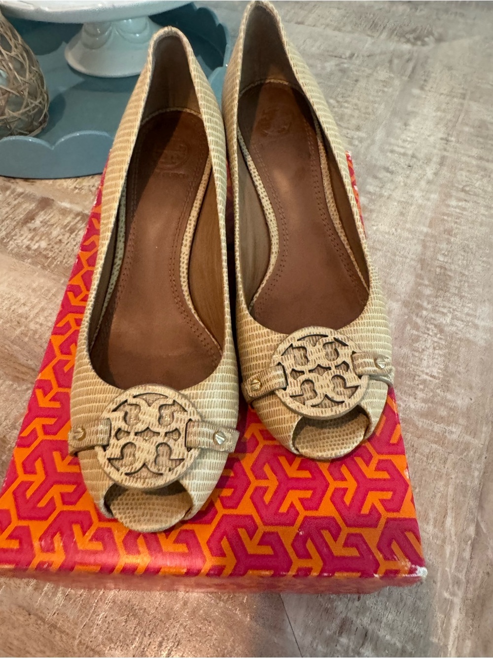 Tory Burch Beige Textured Peep-Toe Wedge Flats with Logo Medallion